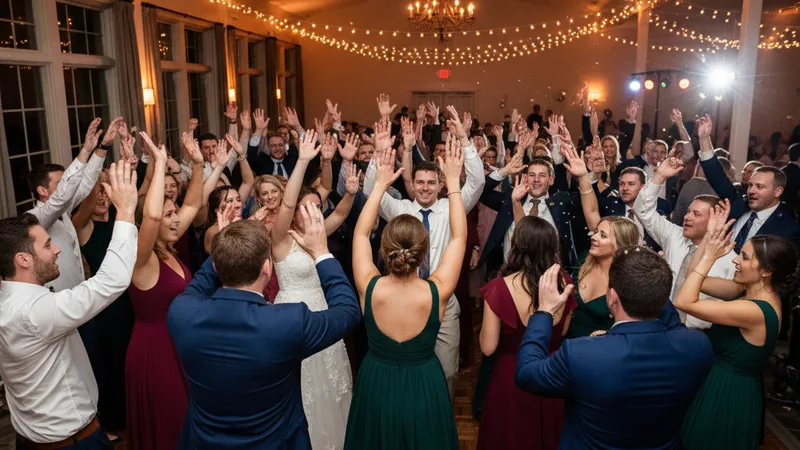 Wedding guests on a packed dance floor under warm overhead lights at a reception venue, hands raised mid-celebration, motion blur on a few figures, candid documentary wedding photography, warm amber and gold tones