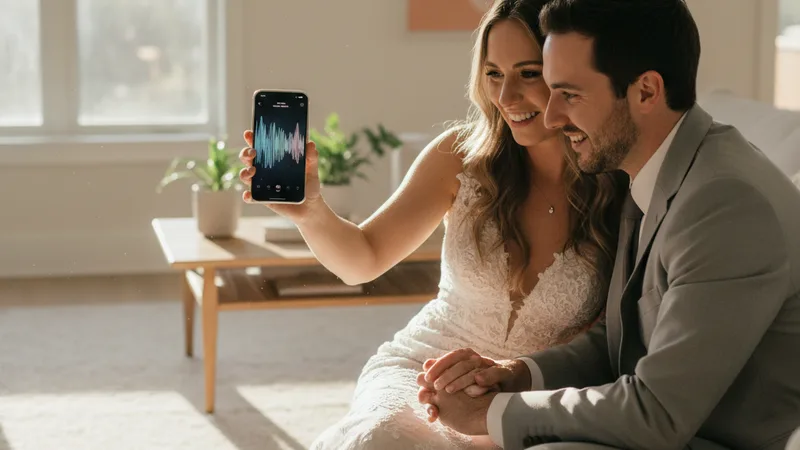 Bride and groom sitting close together on a couch in a sunlit living room, both looking at an iPhone in the bride's hand showing a music generation app with audio waveforms, soft afternoon window light, candid lifestyle photography, warm pastel tones