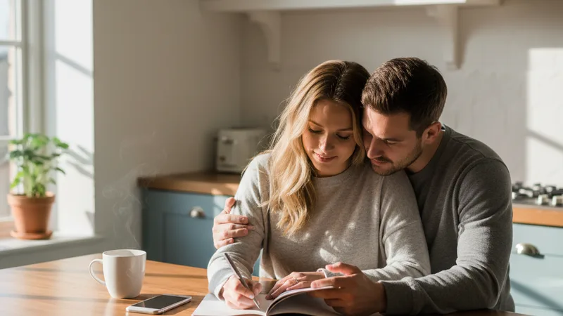 Engaged couple sitting at a kitchen island writing in a notebook together, an iPhone next to a coffee mug, soft morning light from a side window, candid lifestyle photography, warm wood and pastel palette