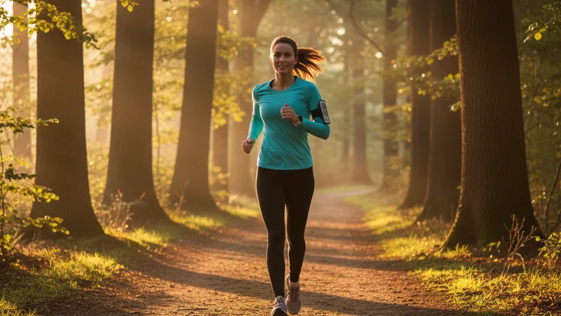 Runner in athletic clothing running along a tree-lined path at sunrise with an iPhone in an armband, soft golden hour light filtering through trees, candid documentary fitness photography, energetic mood, warm amber tones