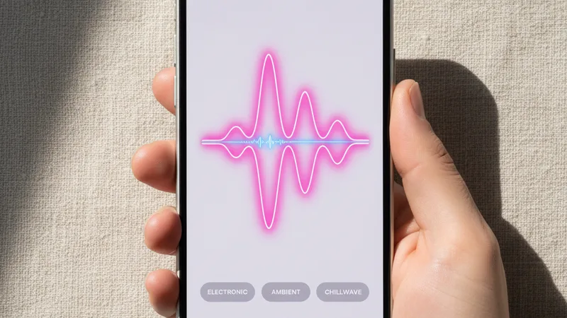Hand holding an iPhone in portrait orientation showing a music generator app interface with a bright pink waveform and genre tags, clean neutral linen background, product photography style, soft directional daylight