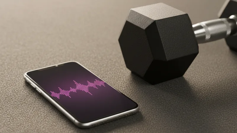 Close-up of an iPhone showing a vibrant pink audio waveform resting on a rubber gym floor next to a single black dumbbell, soft overhead gym lighting, intimate detail photography in editorial style, warm neutral tones