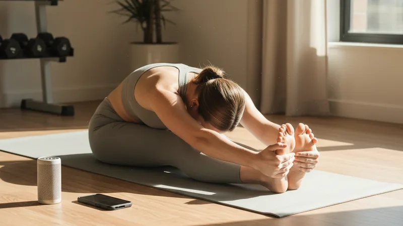 Person stretching on a yoga mat at the end of a workout in a sunlit home gym with an iPhone next to a small Bluetooth speaker on the floor, soft afternoon window light, candid lifestyle photography, calm confident mood, warm neutral tones
