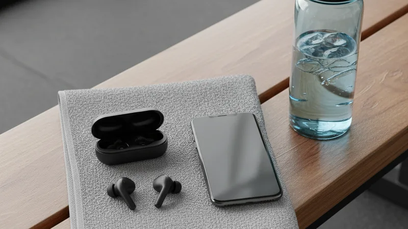 Pair of black wireless earbuds and an iPhone resting on a folded towel on a wooden gym bench next to a water bottle, soft natural gym light, candid lifestyle photography from above, clean neutral palette