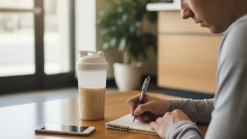 Person writing in a small notebook on a wooden gym lobby table next to an iPhone and a protein shake bottle, soft natural window light, candid lifestyle photography in editorial style, warm neutral tones, focused over-the-shoulder view