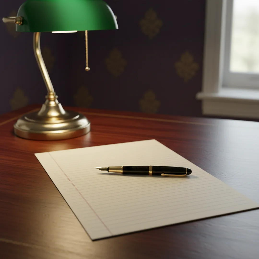 Close-up of a single sheet of legal paper resting on a dark wooden desk under a brass lamp, a fountain pen lying across it, soft afternoon window light, deep violet wall in background with subtle gold reflections, editorial photography, calm focused atmosphere