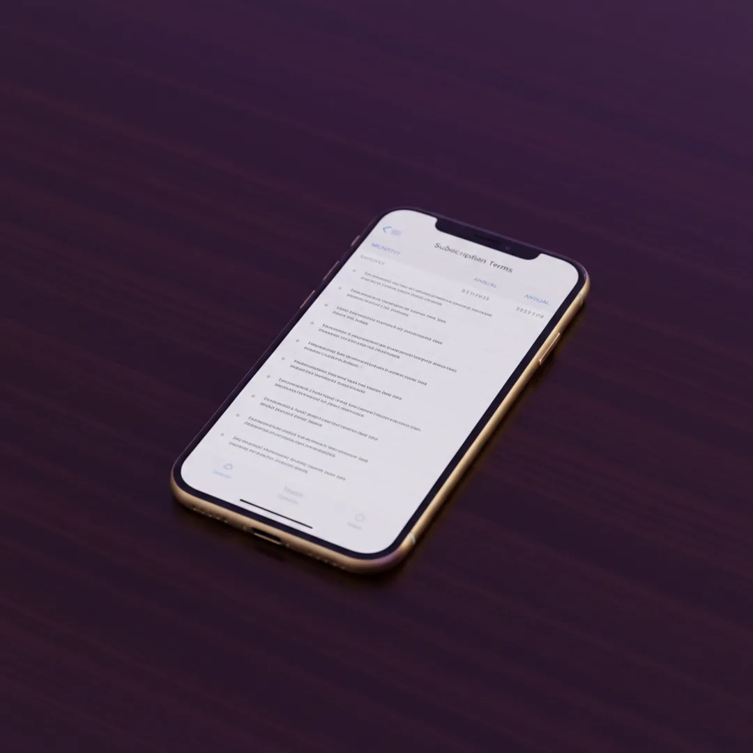 iPhone screen on a clean dark desk displaying a subscription terms screen with rows of text, warm gold rim light along the device edge, deep violet ambient lighting, minimalist product photography, slight depth of field