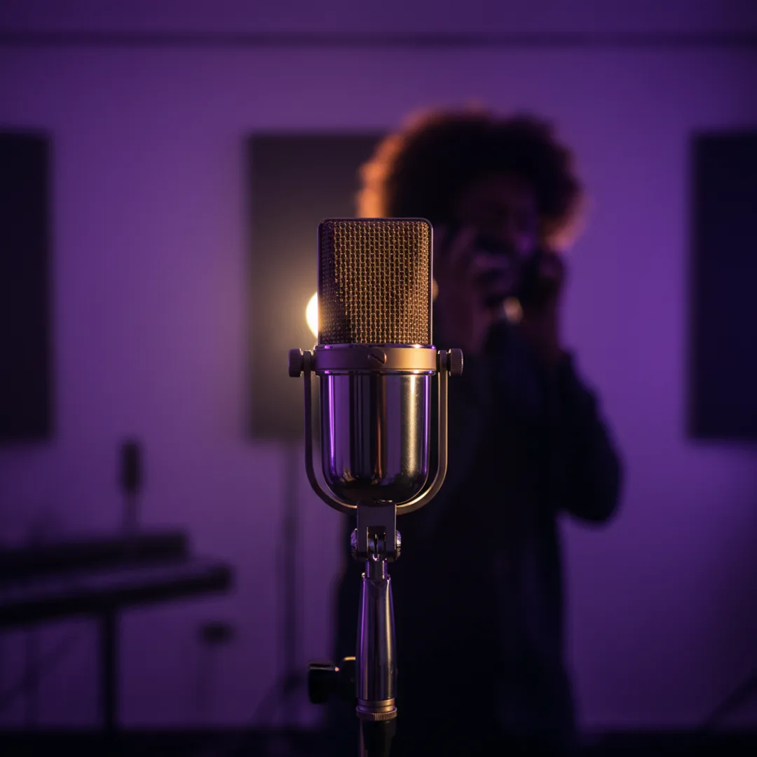 A vintage condenser microphone in soft shadow with a blurred silhouette of a singer in the background, warm gold rim light catching the microphone grille, deep violet background tones, moody recording-studio atmosphere, cinematic editorial photography