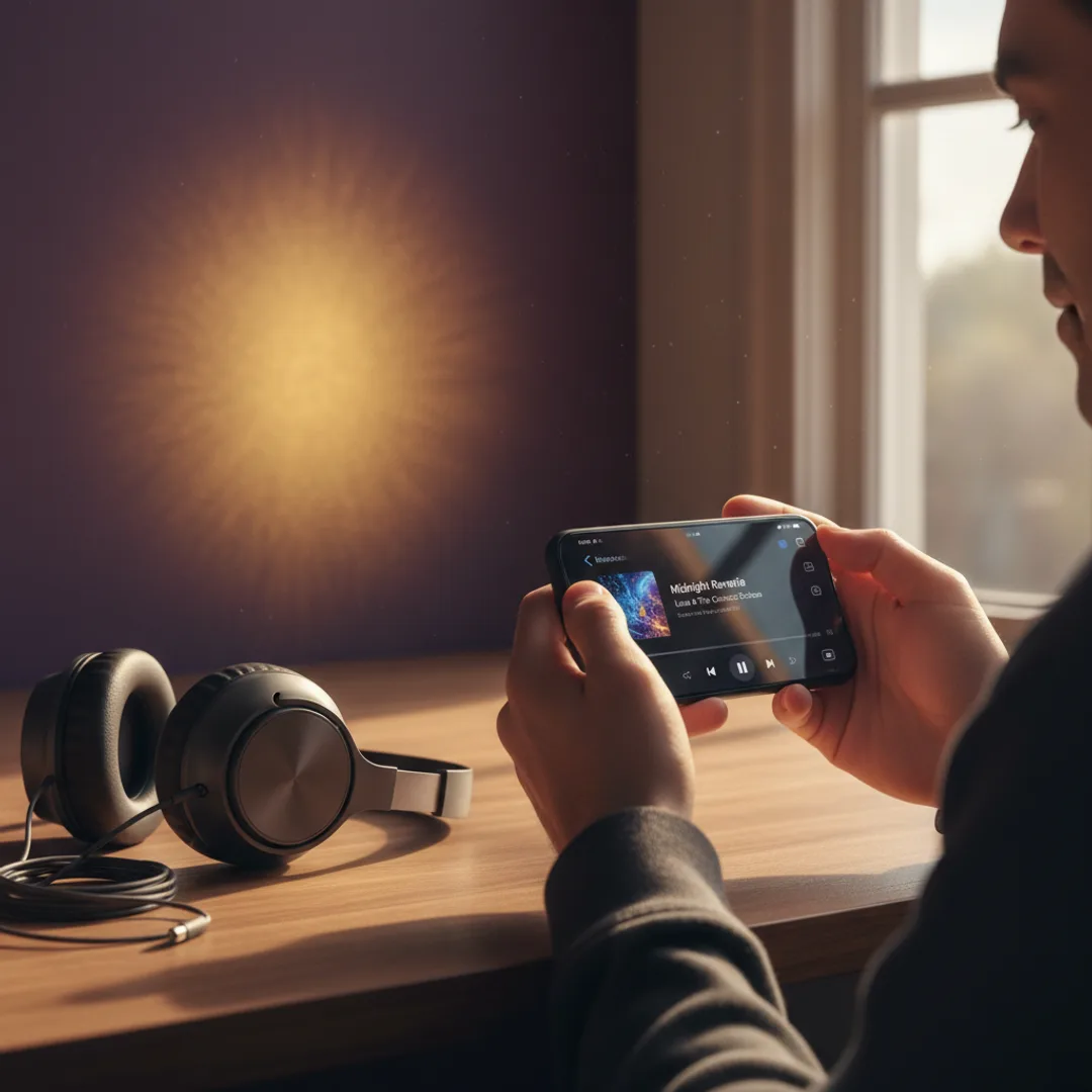 Person holding an iPhone showing a music streaming app with a playing track, headphones resting on the desk nearby, soft late-afternoon window light, deep violet wall in background with gold gradient, comfortable home studio atmosphere, candid lifestyle photography