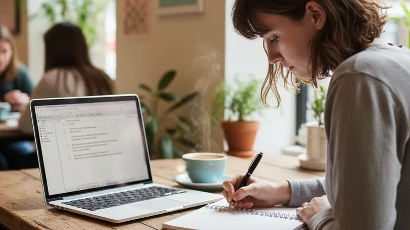 Songwriter writing in a notebook at a wooden cafe table next to a laptop showing a text editor with a draft of lyrics, a coffee cup beside them, soft natural window light, candid lifestyle photography in editorial style, focused creative mood, warm wood and pastel tones, over-the-shoulder view