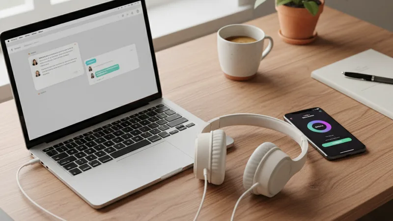 Overhead workspace shot of a MacBook laptop showing a chat interface on one side of a wooden desk and an iPhone showing a music generator app on the other side connected visually by headphones, soft natural window light, candid lifestyle photography in editorial style, collaborative composition, warm neutral tones