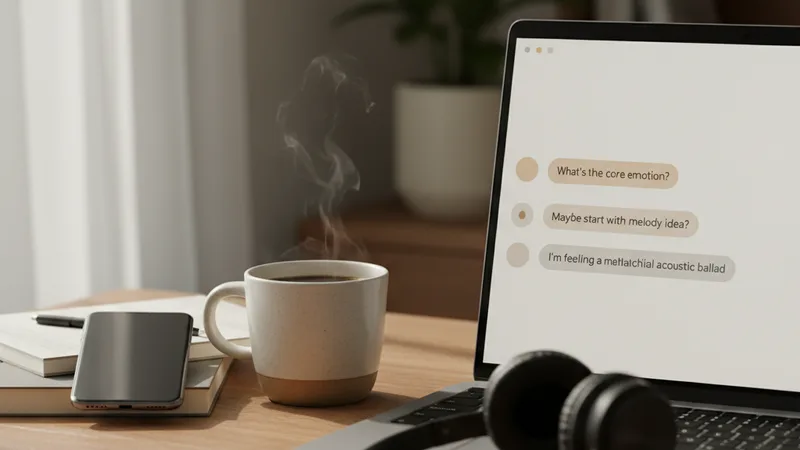Close-up of a laptop screen showing a chat conversation interface with text responses about song writing, an iPhone resting beside it, a coffee cup, headphones, soft natural window light, candid lifestyle photography in editorial style, warm neutral tones
