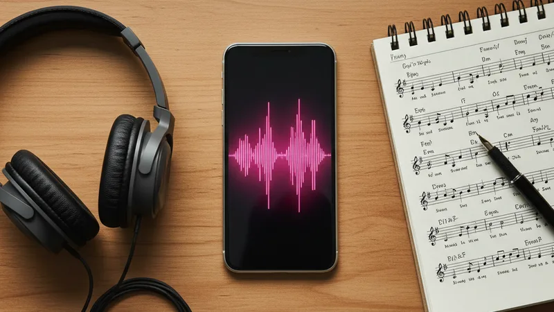 Flat lay of an iPhone displaying a vibrant pink audio waveform on a wooden desk next to headphones and a small notebook with song notes, soft natural daylight, intimate detail photography in editorial style, warm wood tones