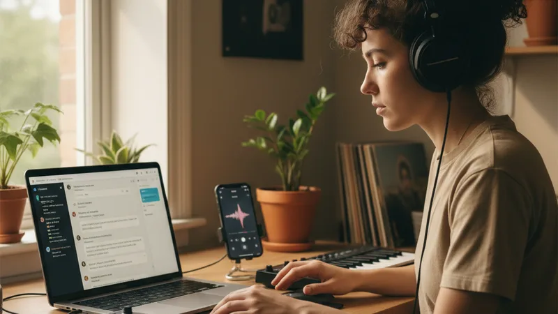 Music producer wearing headphones at a desk with a laptop showing a chat interface for lyric ideas and an iPhone playing back a generated music track, focused creative mood, soft window light, candid documentary lifestyle photography, warm neutral tones