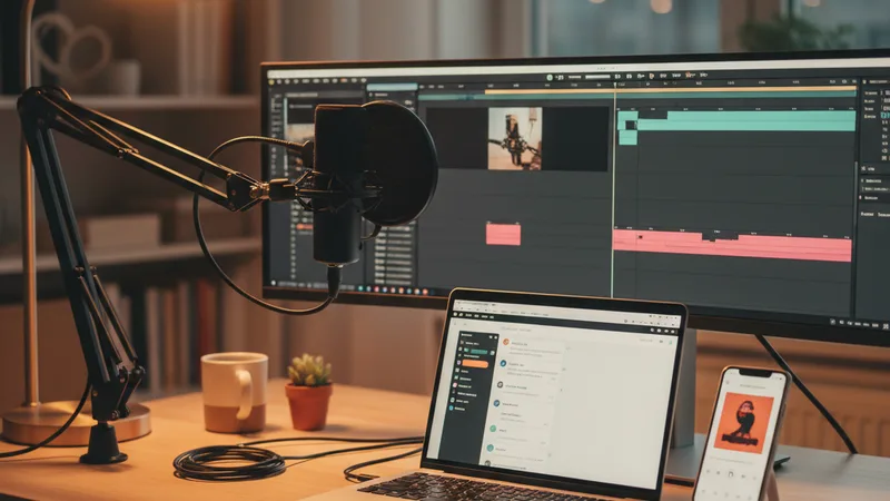 Wide shot of a content creator workspace with a laptop showing a chat interface, an iPhone with music app, a microphone for podcast recording, and editing software on a second monitor, soft warm desk lamp light, candid documentary photography in editorial style, focused creative atmosphere, warm neutral tones