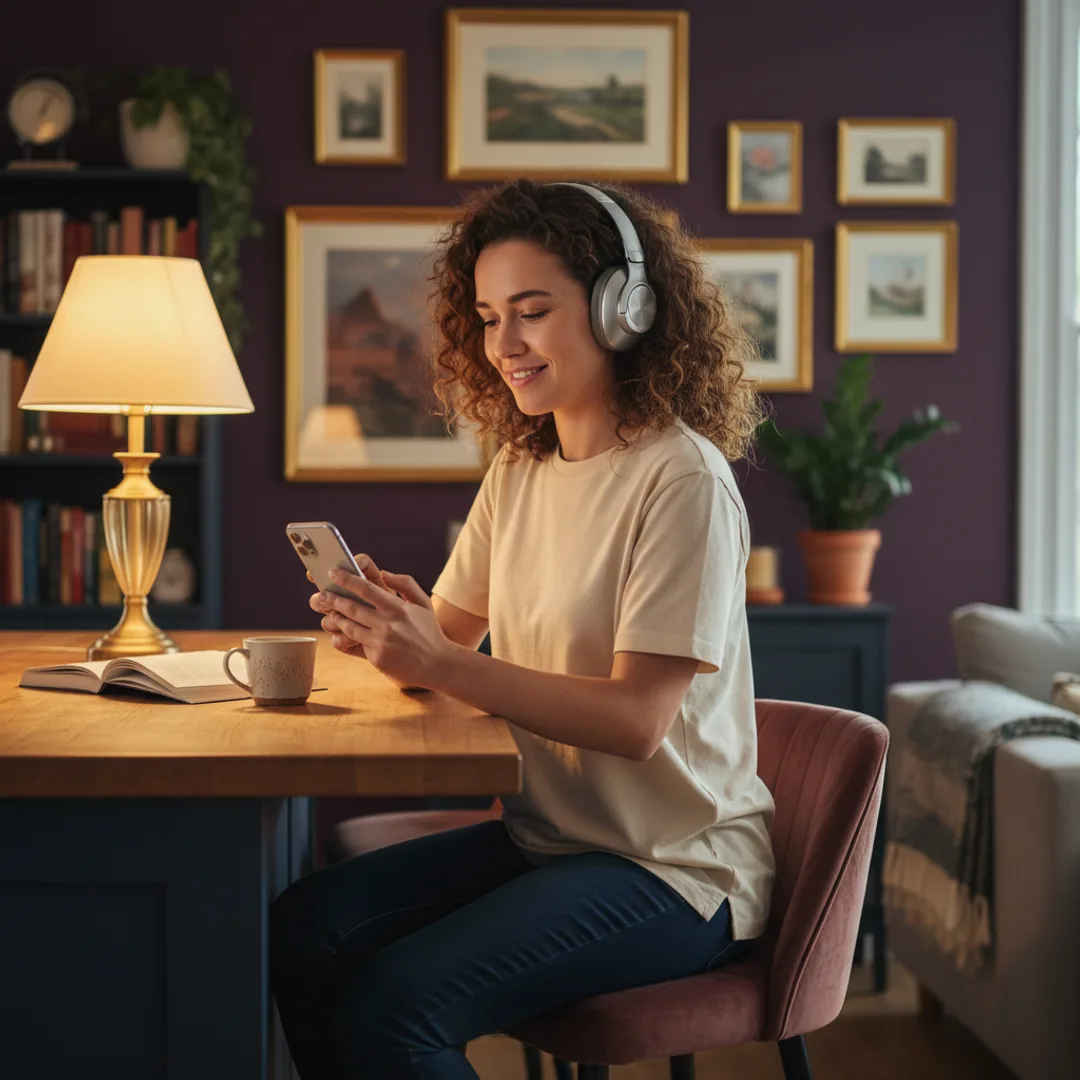 Person wearing headphones smiling softly while holding an iPhone at a kitchen island, warm evening lamp light, deep violet walls with gold framed pictures, comfortable home interior, candid lifestyle photography