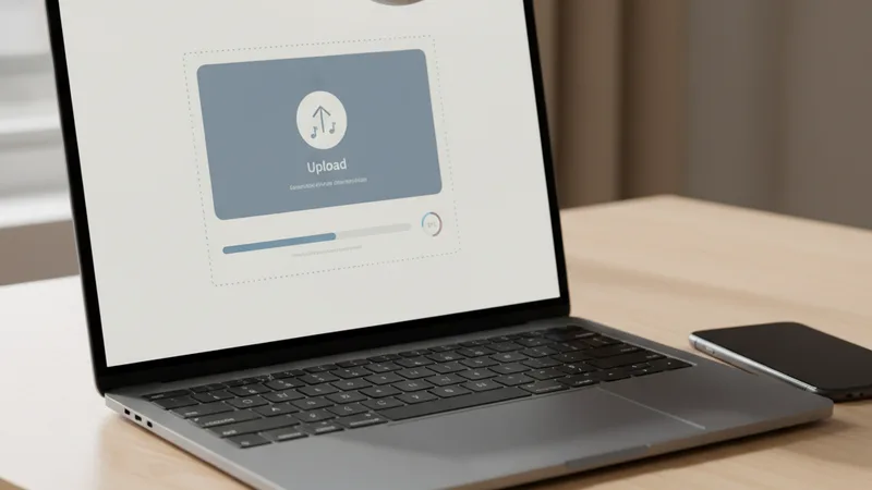 Close-up of a laptop screen showing a generic web-based audio stem separation tool interface with upload area and progress bar, an iPhone resting beside the laptop, headphones, soft natural window light, candid lifestyle photography in editorial style, warm neutral tones