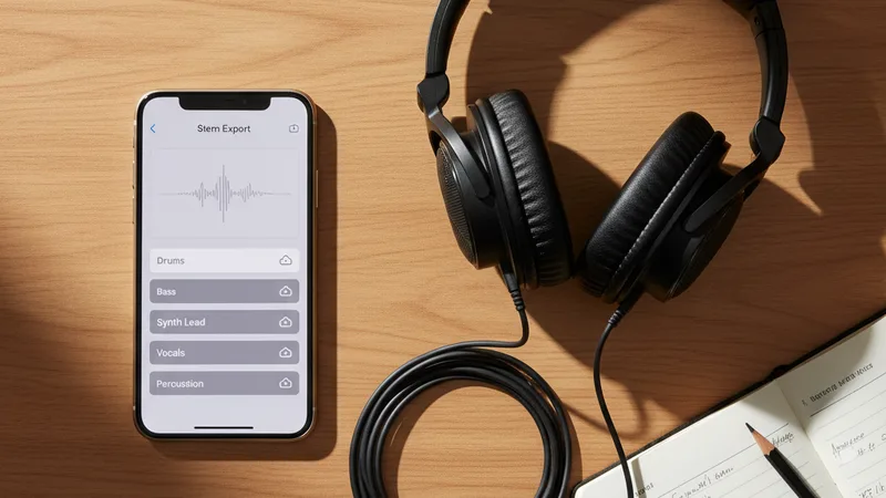Flat lay of an iPhone displaying a music app stem export interface with multiple track download buttons visible, headphones, a small notebook beside it on a wooden desk, soft natural daylight, intimate detail photography in editorial style, warm wood tones