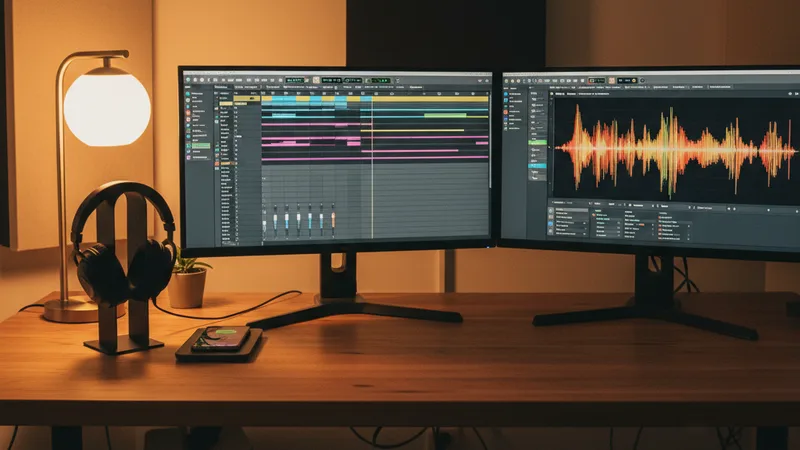 Wide shot of a home audio studio with two large monitors showing a DAW with separated audio tracks and a music stem analyzer interface, headphones on a stand, an iPhone visible, soft warm desk lamp lighting, candid documentary photography in editorial style, focused creative atmosphere, warm amber tones