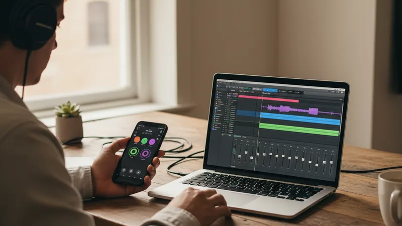 Music producer at a wooden desk wearing headphones with an iPhone showing a music creator app and a MacBook open with a DAW interface showing isolated stem tracks ready to mix, focused creative mood, soft window light, candid documentary lifestyle photography, warm neutral tones