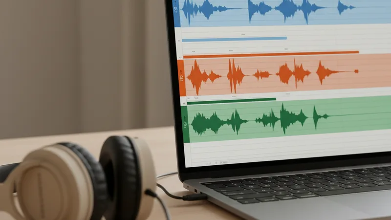 Close-up of a laptop screen showing parallel horizontal audio waveform tracks in a DAW timeline with different colors for vocals drums and bass, headphones resting on the desk beside it, soft natural window light, candid lifestyle photography in editorial style, warm neutral tones