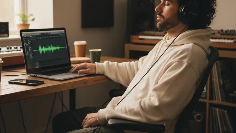 Music producer wearing headphones leaning back at a desk thoughtfully evaluating an isolated stem playback on a laptop with an iPhone beside them, soft window light, candid documentary lifestyle photography, contemplative mood, warm neutral tones