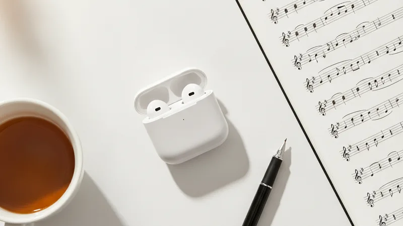 Top-down flatlay of earphones, notebook with music notes and coffee cup