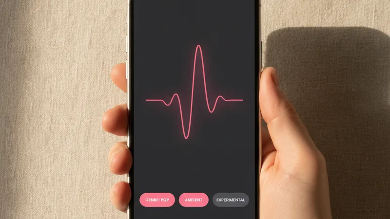 Hand holding iPhone showing music generator app with waveform