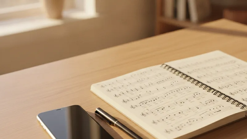 iPhone beside notebook with handwritten song notes on warm wooden desk