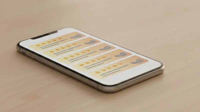 Smartphone showing five-star customer review cards with warm side lighting