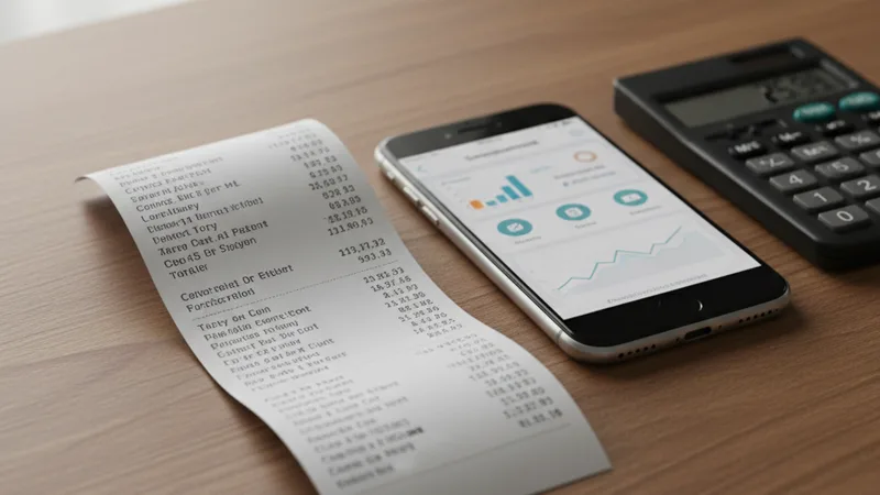 Close-up of a small printed receipt unfolded on a wooden desk next to an iPhone showing a subscription detail screen and a small calculator, soft natural daylight, intimate detail photography in editorial style, warm wood tones, slightly concerned mood