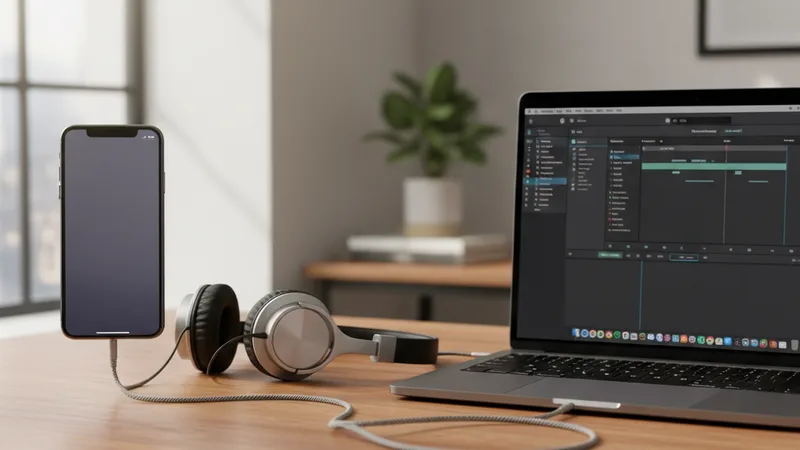 An iPhone in portrait orientation and a MacBook laptop in landscape orientation side by side on a wooden desk with headphones connecting both visually, soft natural window light, candid product comparison photography, clean composition, warm neutral tones