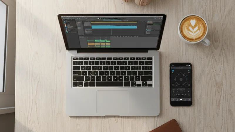 Overhead flat lay of an iPhone next to a MacBook laptop both showing music creator interfaces, surrounded by a notepad, headphones, and a coffee cup on a wooden desk, soft natural window light, candid lifestyle photography in editorial style, warm neutral tones