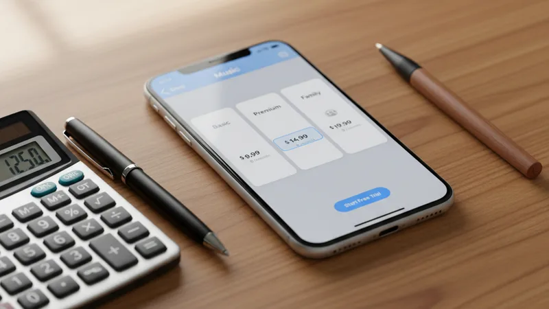 Close-up flat lay of an iPhone displaying a music app pricing screen with subscription tier cards visible, a small calculator and a pen resting on a wooden desk, soft natural daylight, intimate detail photography in editorial style, warm wood tones