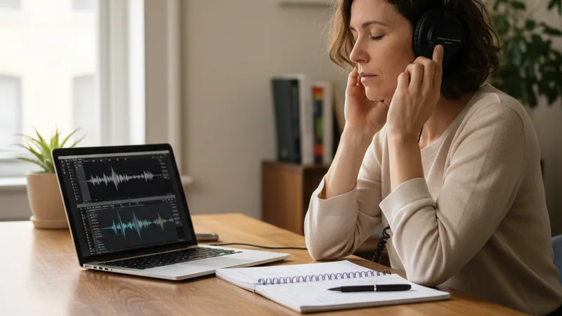 Music critic wearing headphones at a wooden desk listening intently to two different music tracks on a laptop with notebook and pen for taking notes, soft window light, candid documentary lifestyle photography, focused analytical mood, warm neutral tones