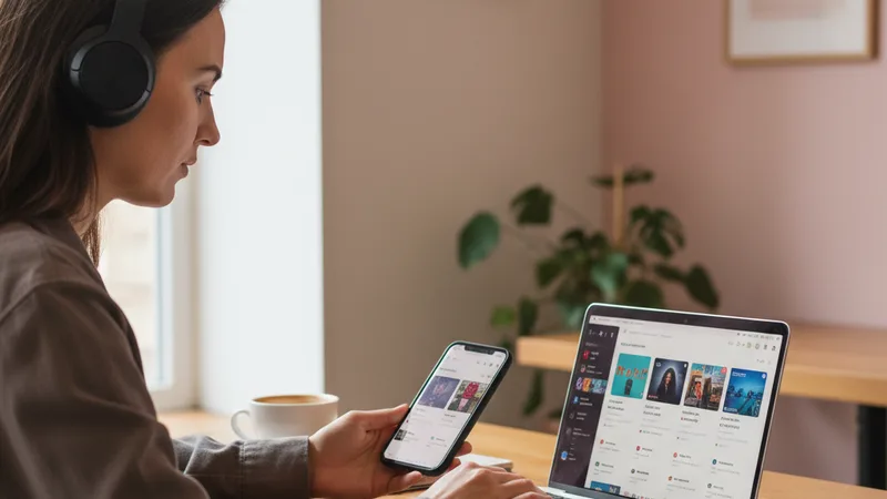 Person sitting at a wooden cafe table with an iPhone and a laptop both open showing music apps, headphones in their ears, thoughtful expression considering both, soft natural window light, candid lifestyle photography in editorial style, decisive mood, warm wood and pastel tones