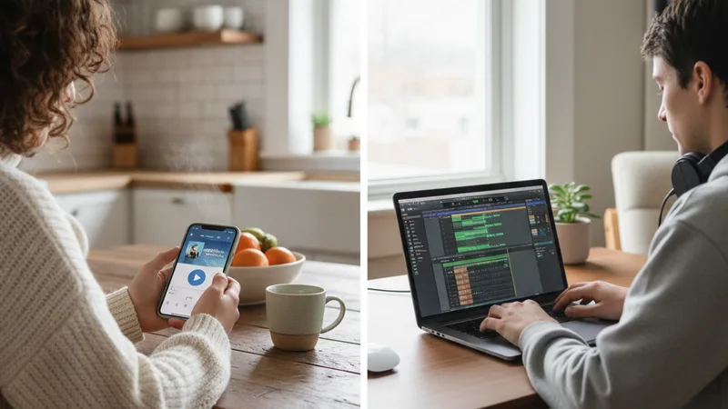 Side-by-side workspace shot showing a person using an iPhone music app at a kitchen table on the left and a person using a laptop music app at a desk on the right, both in different lifestyle settings, soft natural daylight, candid documentary photography in editorial style, warm neutral palette