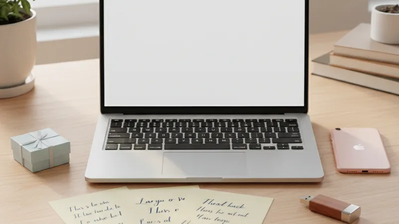 Wide flat-lay shot of an indie creator's desk with a laptop, an iPhone, several small product mockups including printed song lyric sheets, a small wrapped gift card, and a USB drive, soft afternoon natural light, candid lifestyle photography in editorial style, warm pastel tones