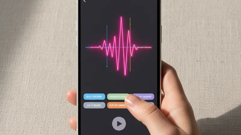 Hand holding an iPhone in portrait orientation showing a music generator app interface with a bright pink waveform and genre tags, clean neutral linen background, product photography style, soft directional daylight