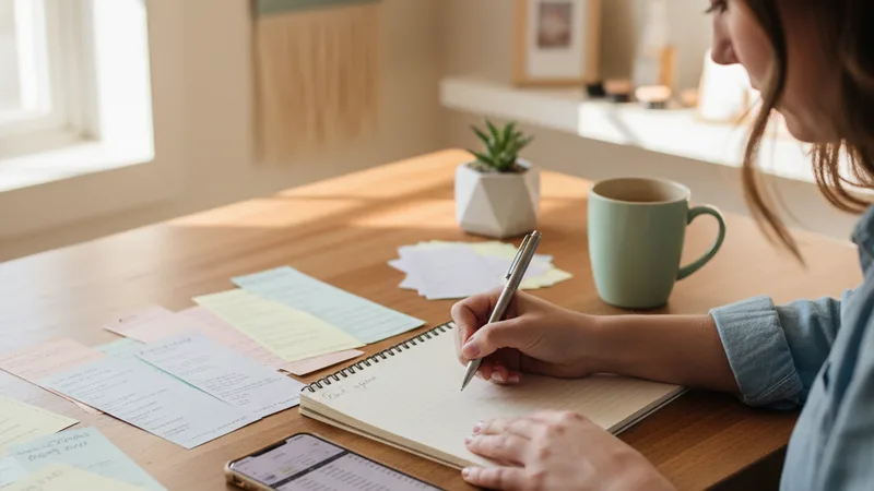 Small business owner writing in a notebook at a wooden desk filled with order notes and an iPhone, soft natural window light, candid lifestyle photography in editorial style, warm wood and pastel tones, focused over-the-shoulder view