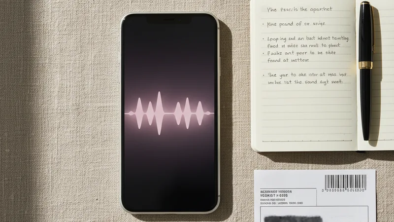 Flat lay of an iPhone showing a pink audio waveform on a linen surface next to a small order brief notebook with handwritten notes, a fountain pen, and a printed delivery label, soft natural daylight, intimate detail photography in editorial style, warm tones