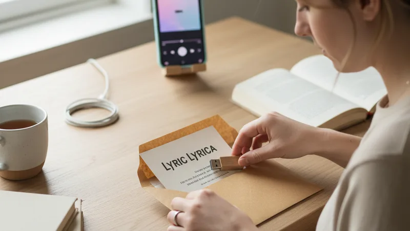 Small business owner packaging a small printed lyric card and a USB drive into a kraft mailer envelope at a home desk with an iPhone playing music in the background, soft window light, candid lifestyle photography, focused mood, warm pastel tones
