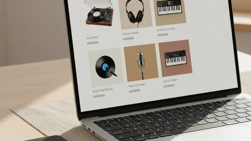 Close-up of a laptop screen showing a generic marketplace listing dashboard with multiple product thumbnails of music products, an iPhone resting beside it, soft natural window light, candid lifestyle photography in editorial style, warm neutral tones