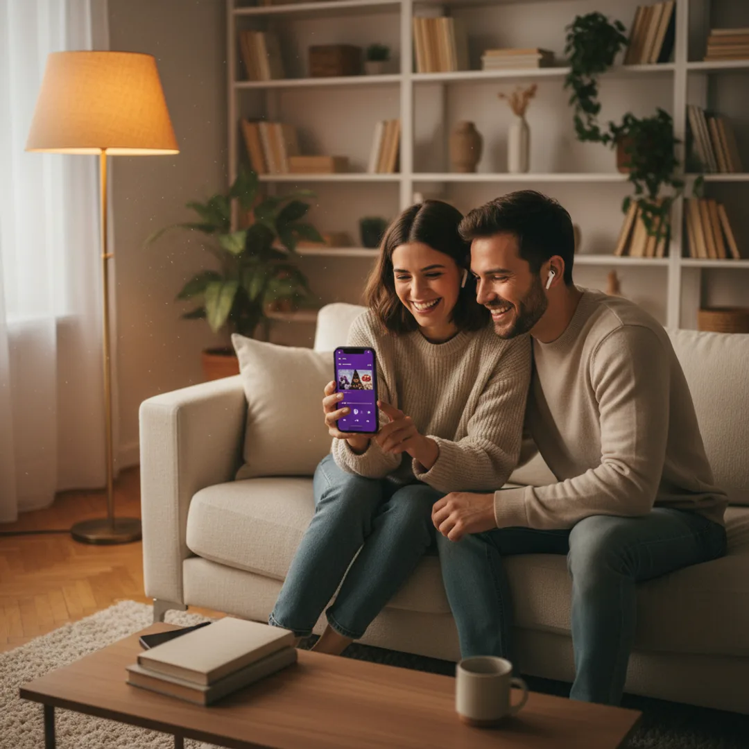 Person sharing iPhone screen with friend in a cozy living room, both smiling and listening to a song together, warm lamp light, intimate evening atmosphere