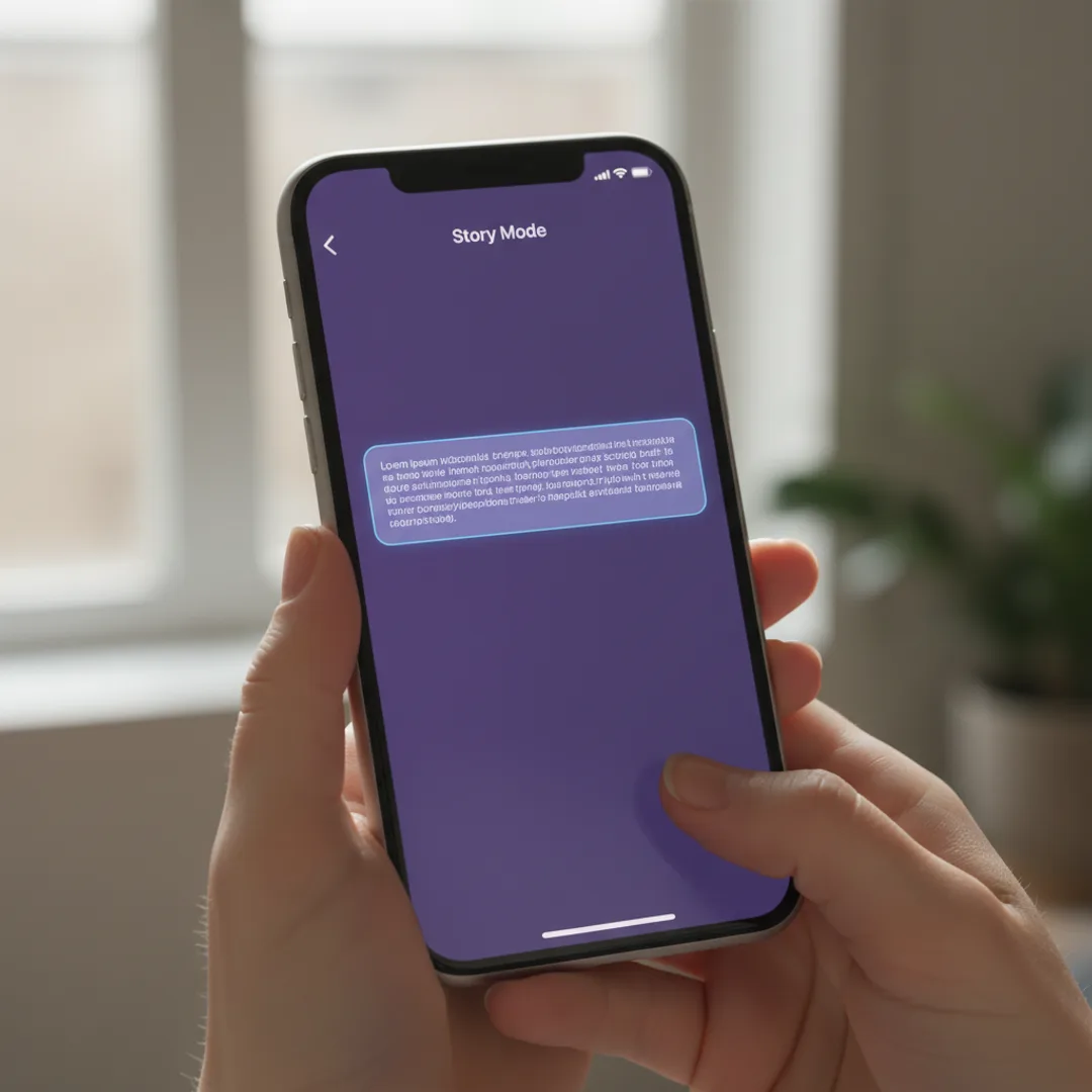 Close-up iPhone screen showing music app Story Mode input field with paragraph of text being pasted in, deep violet UI, soft window light, hands holding the phone